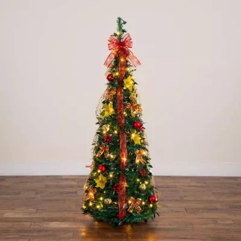 Nearly Natural 5 Foot Pre-Lit Collapsible Pre-Decorated Pine Christmas Tree
