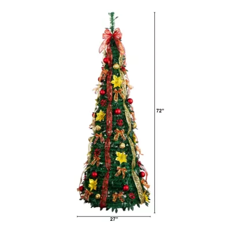 Nearly Natural 6 Foot Pre-Lit Collapsible Pre-Decorated Pine Christmas Tree