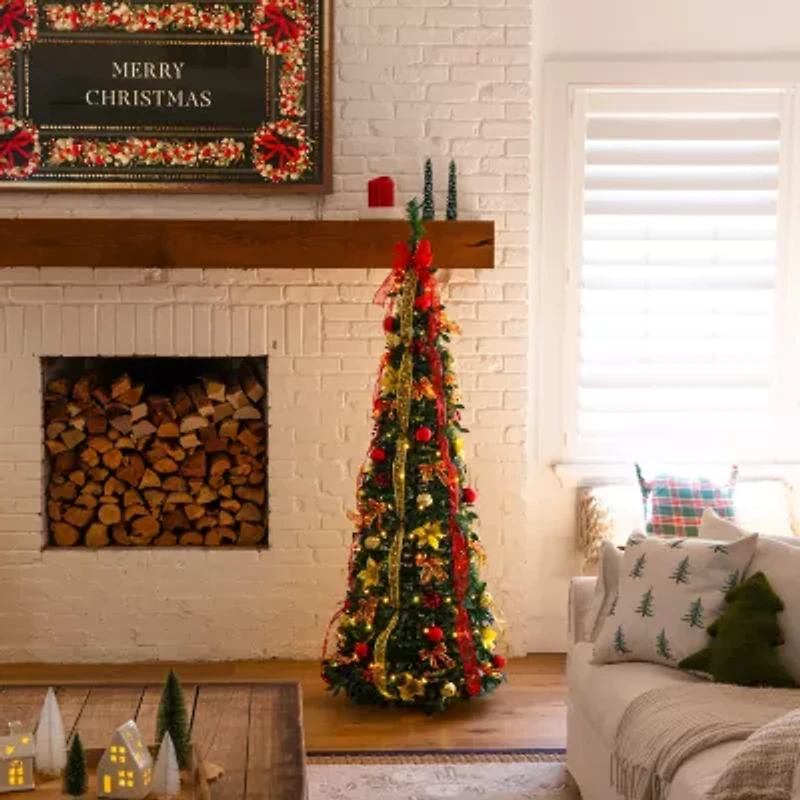 Nearly Natural 6 Foot Pre-Lit Collapsible Pre-Decorated Pine Christmas Tree