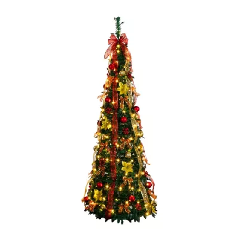 Nearly Natural 6 Foot Pre-Lit Collapsible Pre-Decorated Pine Christmas Tree