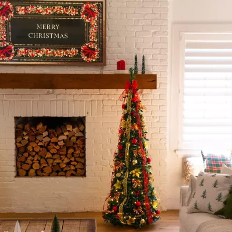 Nearly Natural 6 Foot Pre-Lit Collapsible Pre-Decorated Pine Christmas Tree