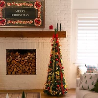 Nearly Natural 6 Foot Pre-Lit Collapsible Pre-Decorated Pine Christmas Tree