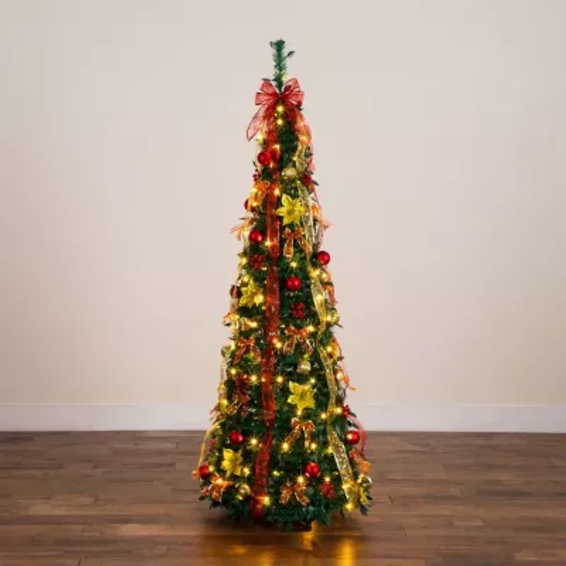 Nearly Natural 6 Foot Pre-Lit Collapsible Pre-Decorated Pine Christmas Tree
