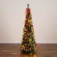 Nearly Natural 6 Foot Pre-Lit Collapsible Pre-Decorated Pine Christmas Tree
