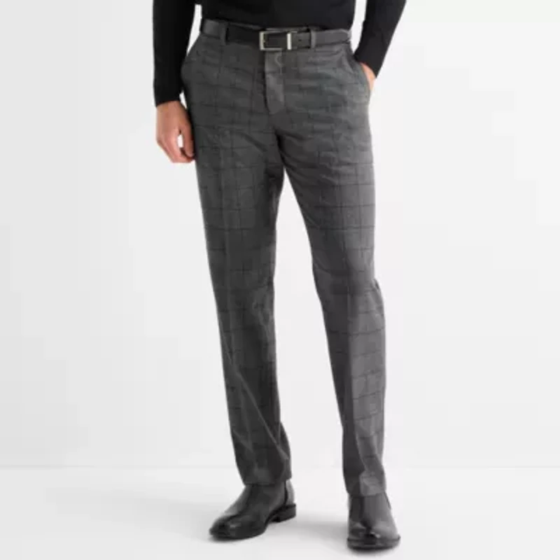 J. Ferrar Mens Windowpane Stretch Fabric Slim Fit Flat Front Suit Pant