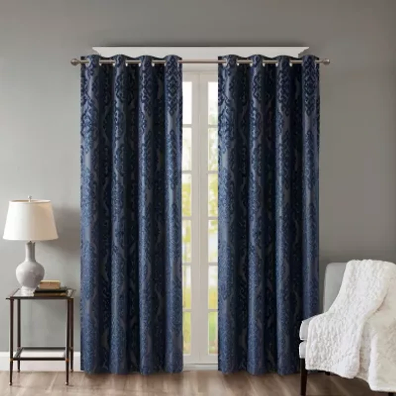 Madison Park Elysia Knitted Jacquard Damask Grommet Top Energy Saving 100% Blackout Single Curtain Panel