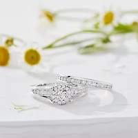 Womens 1 CT. T.W. Natural White Diamond 14K Gold Round Side Stone Halo Bridal Set