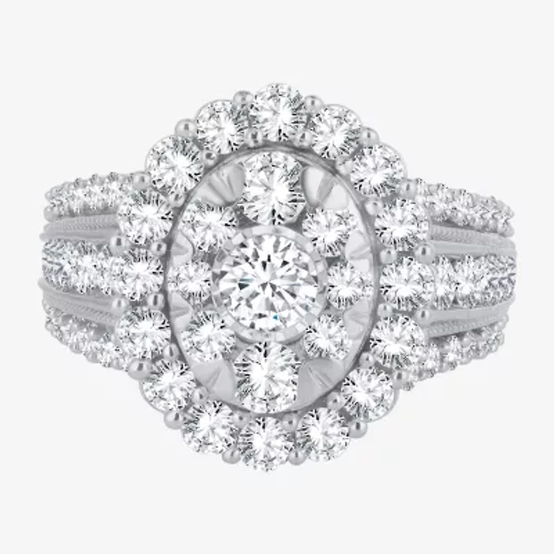 (I / Si1-Si2) Womens 3 CT. T.W. Lab Grown White Diamond 10K Gold Oval Side Stone Halo Engagement Ring