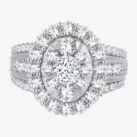 (I / Si1-Si2) Womens 3 CT. T.W. Lab Grown White Diamond 10K Gold Oval Side Stone Halo Engagement Ring