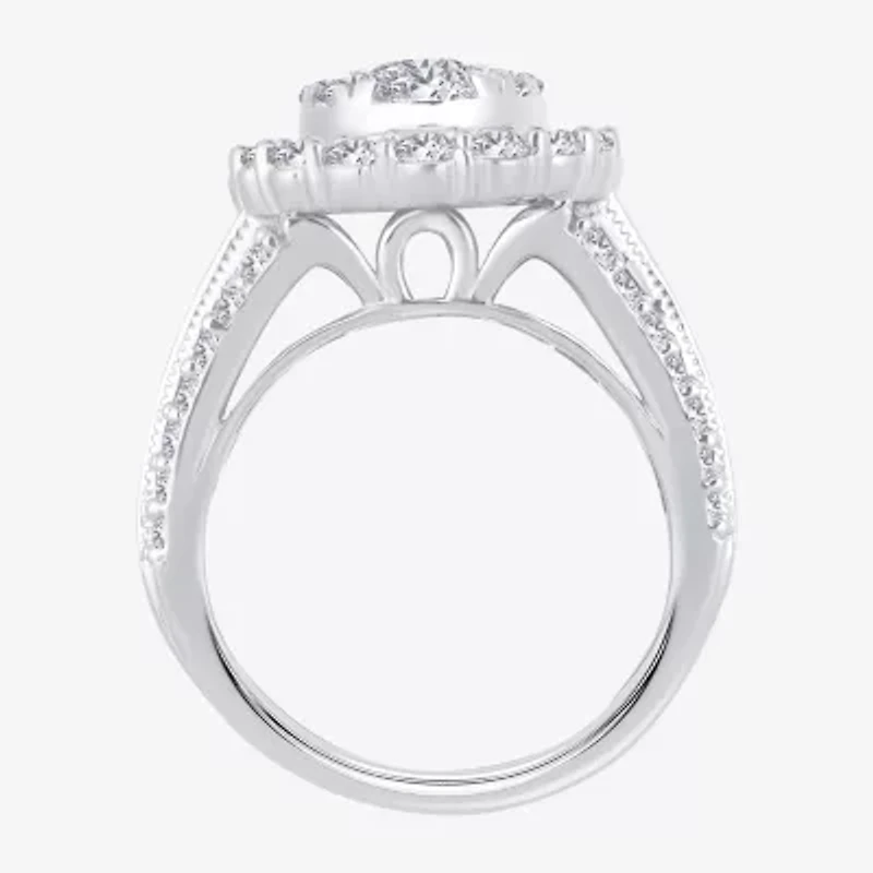 (I / Si1-Si2) Womens 3 CT. T.W. Lab Grown White Diamond 10K Gold Oval Side Stone Halo Engagement Ring