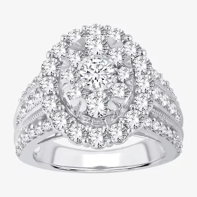(I / Si1-Si2) Womens 3 CT. T.W. Lab Grown White Diamond 10K Gold Oval Side Stone Halo Engagement Ring