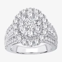 (I / Si1-Si2) Womens 3 CT. T.W. Lab Grown White Diamond 10K Gold Oval Side Stone Halo Engagement Ring