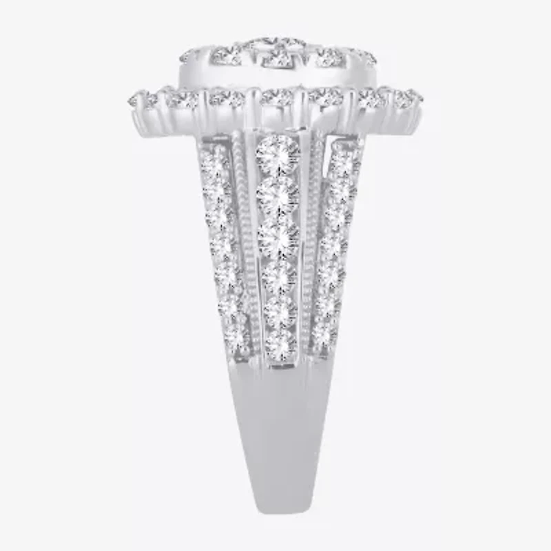 (I / Si1-Si2) Womens 3 CT. T.W. Lab Grown White Diamond 10K Gold Oval Side Stone Halo Engagement Ring