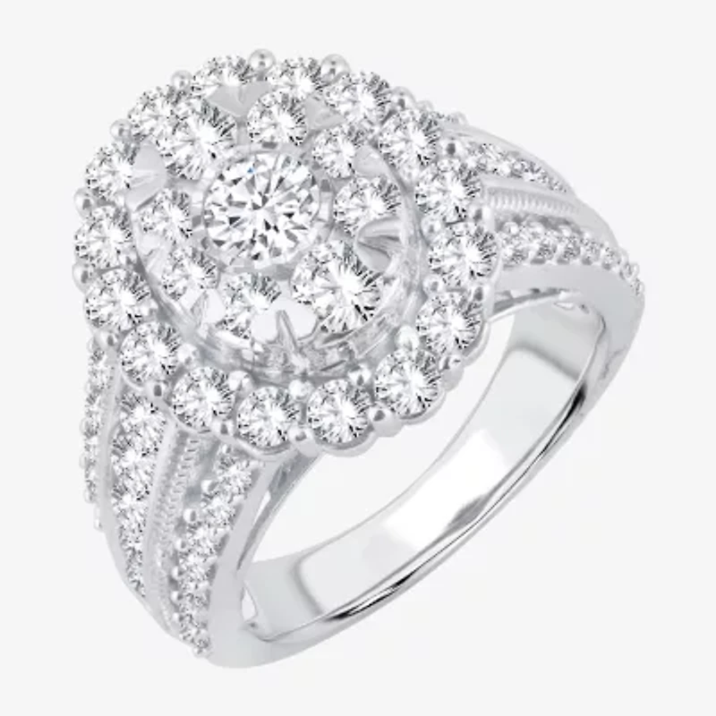 (I / Si1-Si2) Womens 3 CT. T.W. Lab Grown White Diamond 10K Gold Oval Side Stone Halo Engagement Ring