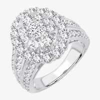(I / Si1-Si2) Womens 3 CT. T.W. Lab Grown White Diamond 10K Gold Oval Side Stone Halo Engagement Ring