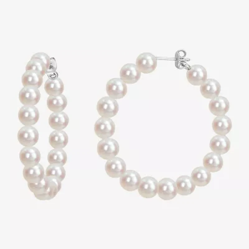 Womens White Cultured Freshwater Pearl Sterling Silver 43.9mm Hoop Earrings
