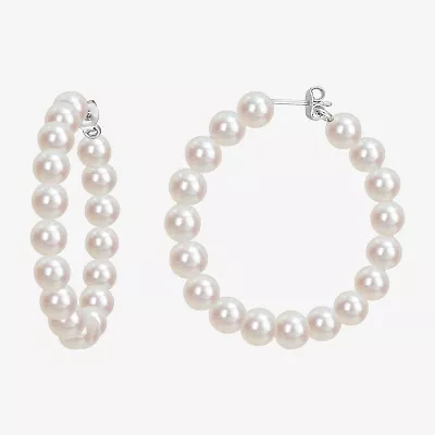 Womens White Cultured Freshwater Pearl Sterling Silver 43.9mm Hoop Earrings