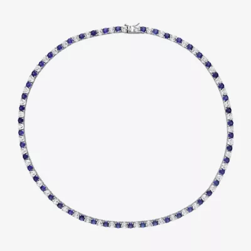 Womens Blue Sapphire Sterling Silver 17 Inch Tennis Necklace