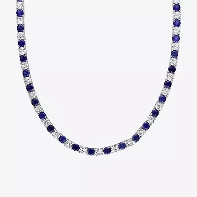 Womens Blue Sapphire Sterling Silver 17 Inch Tennis Necklace
