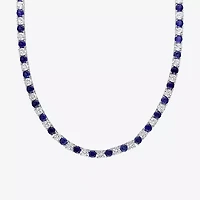 Womens Blue Sapphire Sterling Silver 17 Inch Tennis Necklace