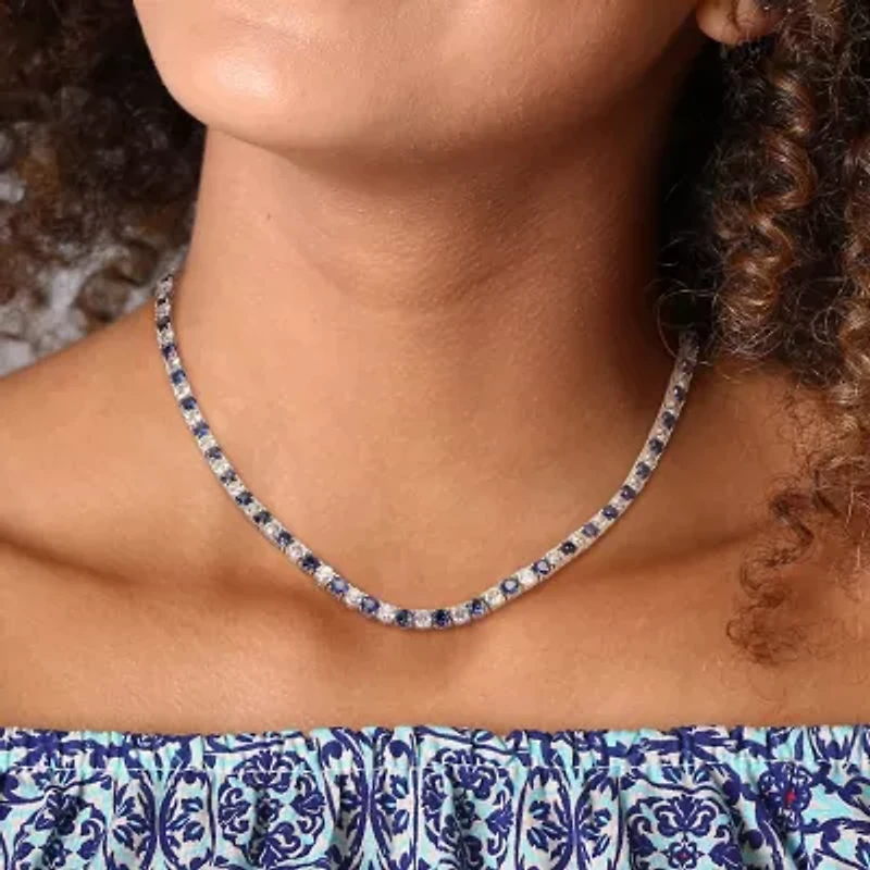 Womens Blue Sapphire Sterling Silver 17 Inch Tennis Necklace
