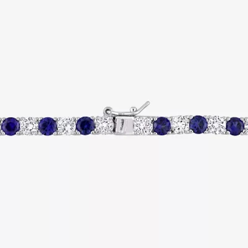Womens Blue Sapphire Sterling Silver 17 Inch Tennis Necklace