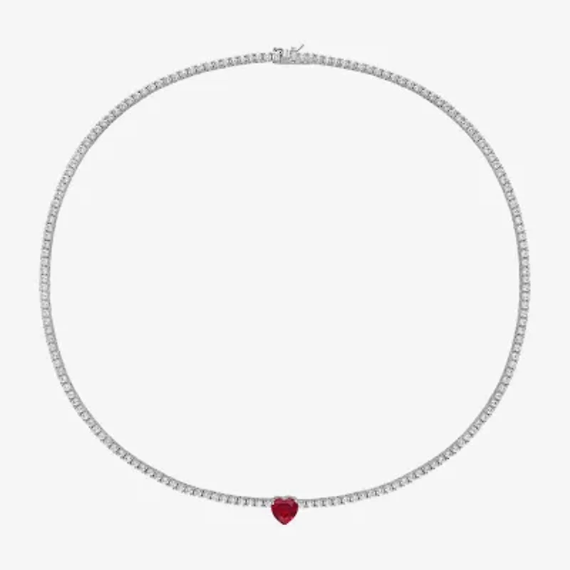 Womens Red Ruby Sterling Silver 15 Inch Tennis Necklace