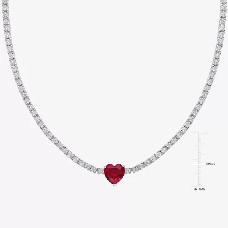 Womens Red Ruby Sterling Silver 15 Inch Tennis Necklace