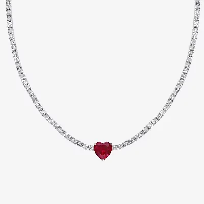 Womens Red Ruby Sterling Silver 15 Inch Tennis Necklace