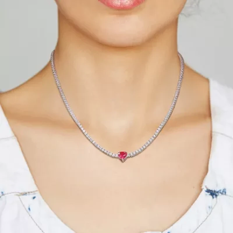 Womens Red Ruby Sterling Silver 15 Inch Tennis Necklace