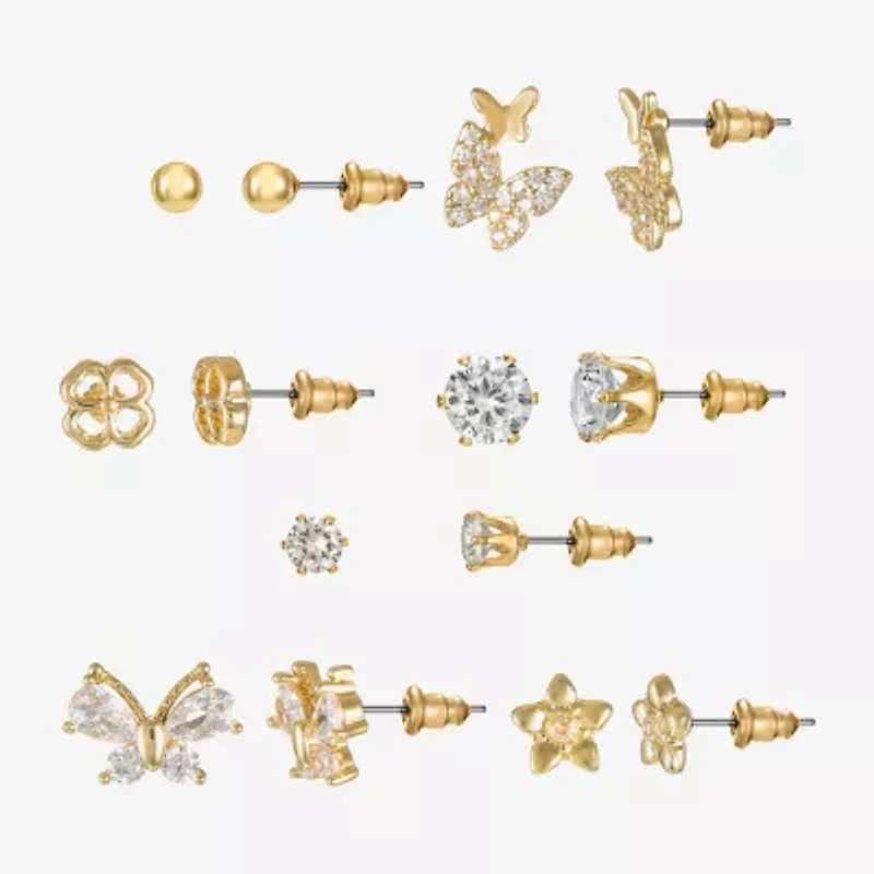 Sparkle Allure Days Of The Week Womens Cubic Zirconia 14K Gold Over Brass Butterfly Clover Flower 7 Pair Earring Set