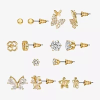 Sparkle Allure Days Of The Week Womens Cubic Zirconia 14K Gold Over Brass Butterfly Clover Flower 7 Pair Earring Set