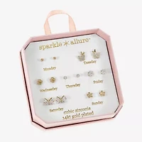 Sparkle Allure Days Of The Week Womens Cubic Zirconia 14K Gold Over Brass Butterfly Clover Flower 7 Pair Earring Set