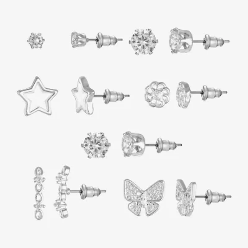 Sparkle Allure Days Of The Week Womens Cubic Zirconia 14K Gold Over Brass Butterfly Flower Star 7 Pair Earring Set