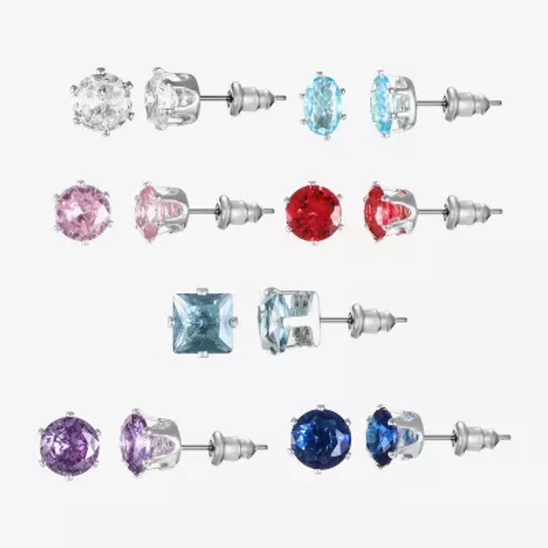 Sparkle Allure Days Of The Week Womens Multi Color Cubic Zirconia Oval Round Square 7 Pair Earring Set