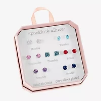 Sparkle Allure Days Of The Week Womens Multi Color Cubic Zirconia Oval Round Square 7 Pair Earring Set