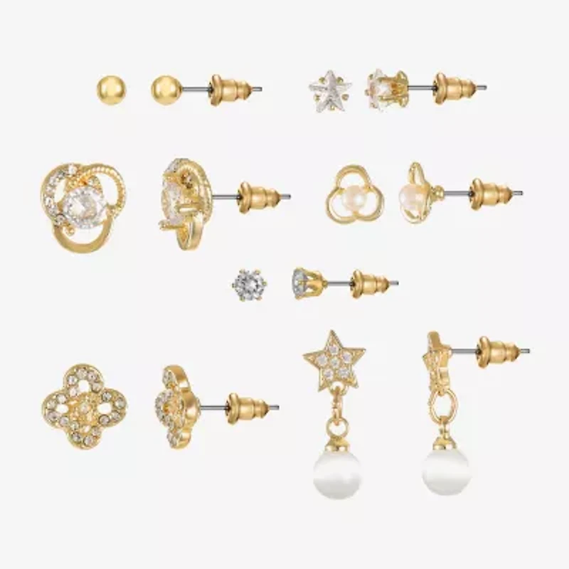 Sparkle Allure Womens Cubic Zirconia 14K Gold Over Brass Heart Knot Star 7 Pair Earring Set