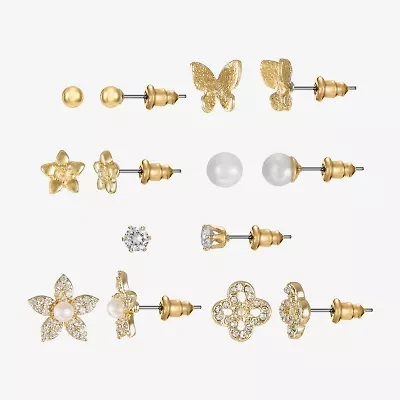 Sparkle Allure Days Of The Week Womens Cubic Zirconia 14K Gold Over Brass Butterfly Flower 7 Pair Earring Set