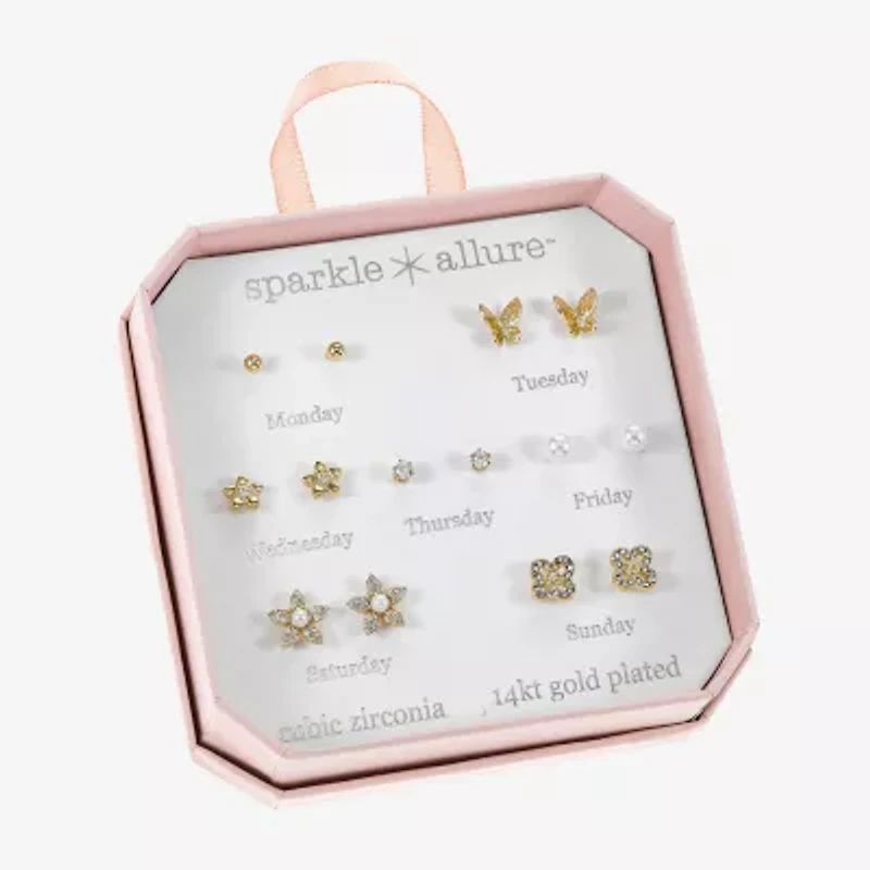 Sparkle Allure Days Of The Week Womens Cubic Zirconia 14K Gold Over Brass Butterfly Flower 7 Pair Earring Set
