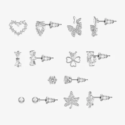Sparkle Allure Days Of The Week Womens Cubic Zirconia 14K Gold Over Brass Bow Clover Heart 7 Pair Earring Set