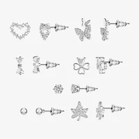 Sparkle Allure Days Of The Week Womens Cubic Zirconia 14K Gold Over Brass Bow Clover Heart 7 Pair Earring Set