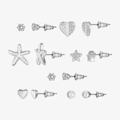 Sparkle Allure Days Of The Week Womens Cubic Zirconia 14K Gold Over Brass Flower Heart Star 7 Pair Earring Set