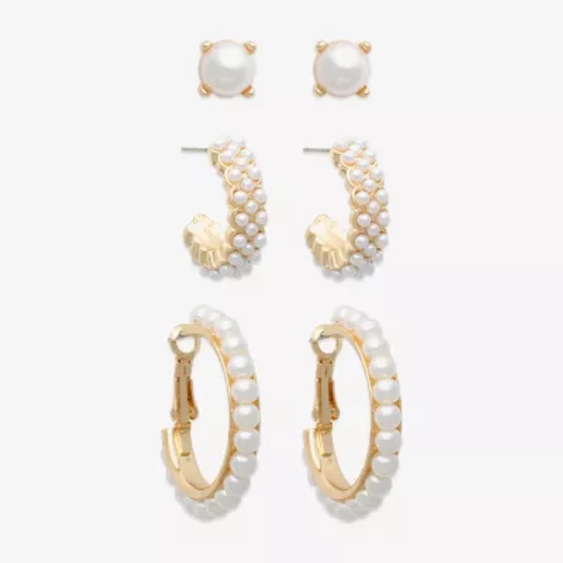 Mixit Womens White Simulated Pearl Round 3 Pair Earring Set