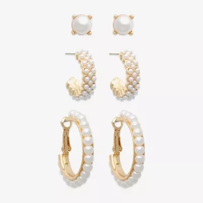 Mixit Womens White Simulated Pearl Round 3 Pair Earring Set