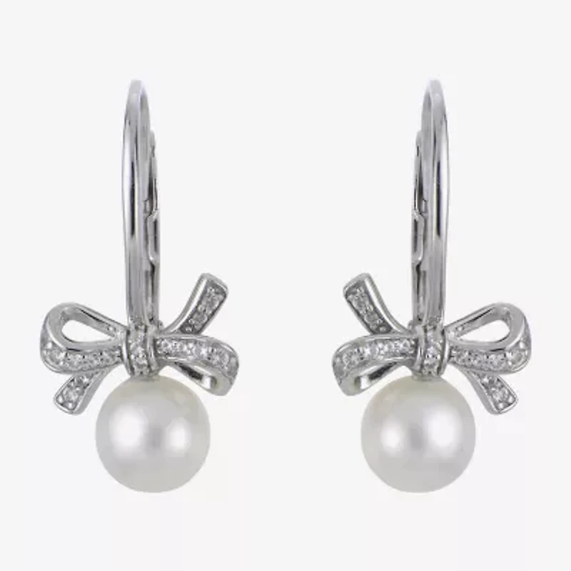 Womens White Cultured Freshwater Pearl Sterling Silver Bow Drop Earrings