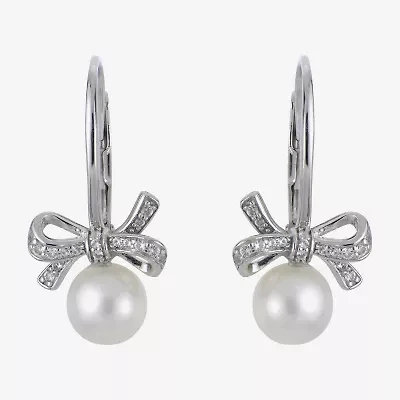 Womens White Cultured Freshwater Pearl Sterling Silver Bow Drop Earrings