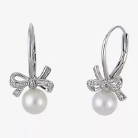 Womens White Cultured Freshwater Pearl Sterling Silver Bow Drop Earrings