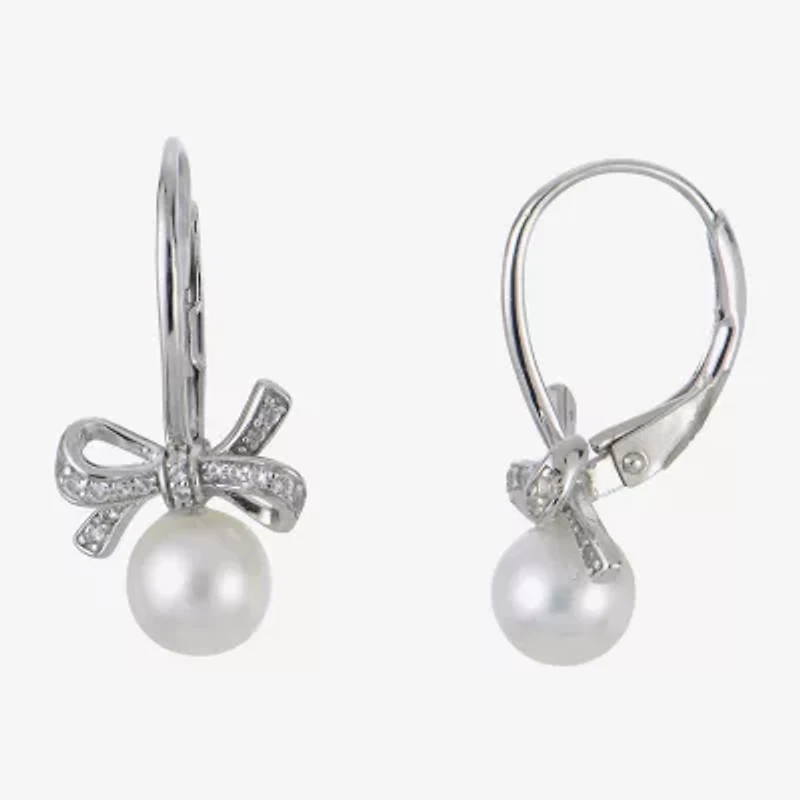 Womens White Cultured Freshwater Pearl Sterling Silver Bow Drop Earrings