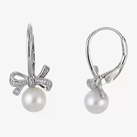 Womens White Cultured Freshwater Pearl Sterling Silver Bow Drop Earrings