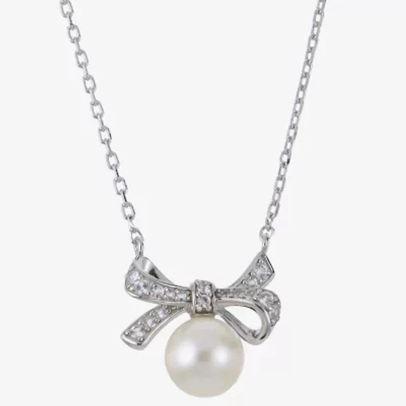 Womens White Cultured Freshwater Pearl Sterling Silver Bow 18 Inch Pendant Necklace